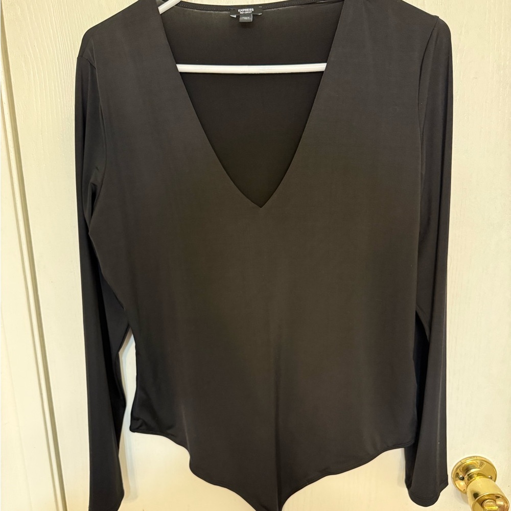 Express Women's Blacj Long Sleeve V-Neck Bodysuit